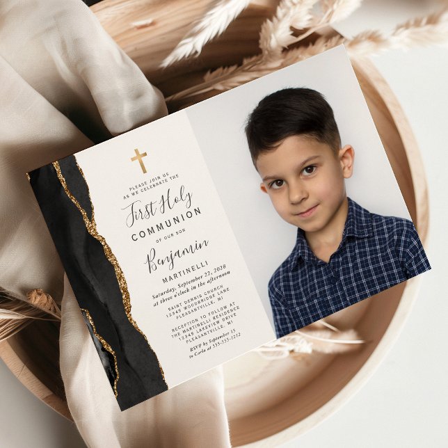 Custom Photo Black Agate Gold First Communion Invitation (Creator Uploaded)