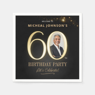 Custom Photo Black and Gold 60th Birthday Napkin