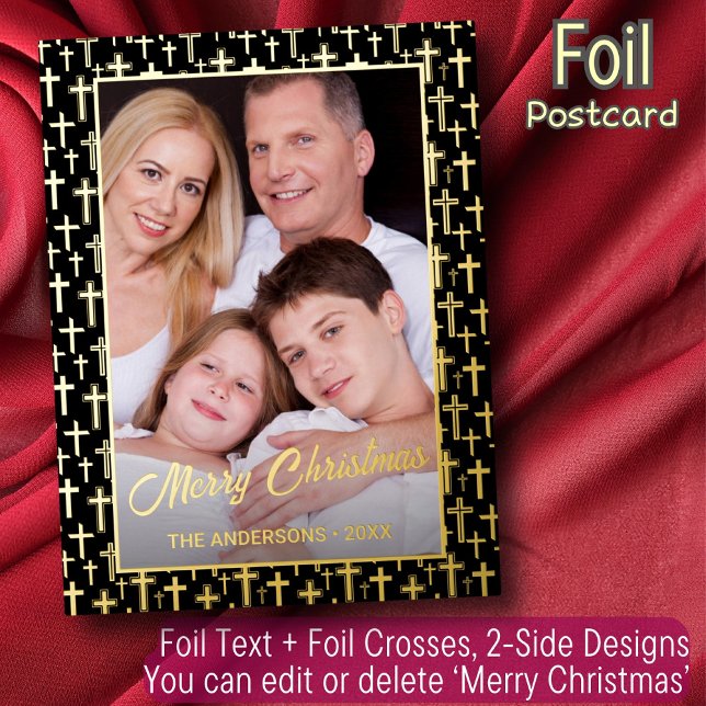 Custom photo black and gold holly cross Christmas Foil Holiday Postcard (Creator Uploaded)
