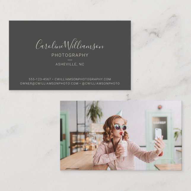 Custom Photo Black Elegant Modern Photographer Business Card (Front/Back)