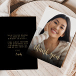 Custom Photo Black Gold 21st Birthday Party Thank You Card<br><div class="desc">The front of this 21st birthday invitation features the guest of honour's photo with the words "thank you" in elegant gold-coloured calligraphy script overlay. A dark screen helps make the text pop. Customise the reverse side with your personal message in gold-coloured sans serif font and your name in script on...</div>
