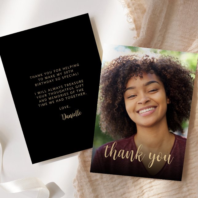 Custom Photo Black Gold 30th Birthday Party Thank You Card (Creator Uploaded)