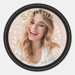 Custom Photo Black Gold Modern 21st Birthday Classic Round Sticker