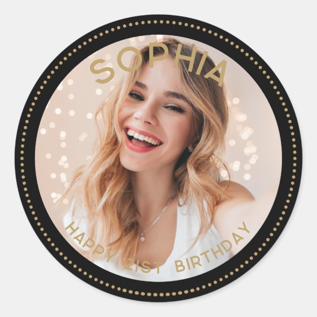 Custom Photo Black Gold Modern 21st Birthday Classic Round Sticker (Front)