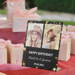 Custom photo black gold stars 2 persons birthday pedestal sign<br><div class="desc">A photo welcome sign for 2 persons,  friends,  sisters,  twins.  A black background,  decorated with faux gold stars. Personalise and add 2 photos,  names and date(s)</div>
