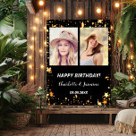 Custom photo black gold stars 2 persons birthday poster<br><div class="desc">A photo welcome sign for 2 persons,  friends,  sisters,  twins.  A black background,  decorated with faux gold stars. Personalise and add 2 photos,  names and date(s)</div>