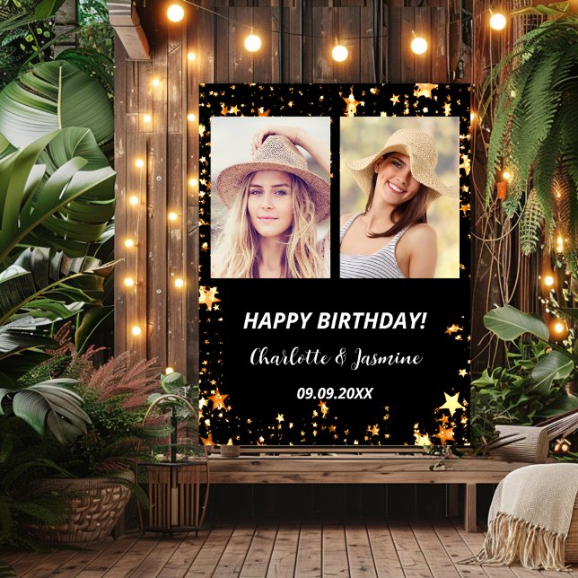 Custom photo black gold stars 2 persons birthday poster (Creator Uploaded)