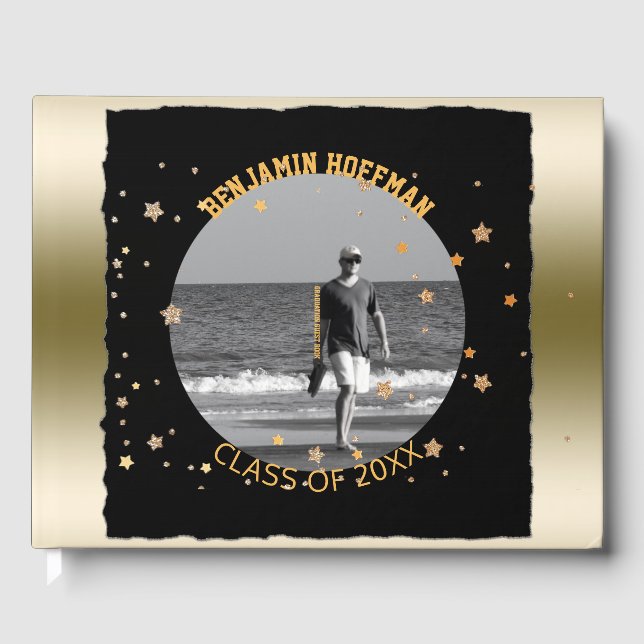Custom Photo | Black Gold Stars Graduation Party Guest Book (Front)