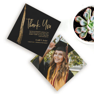 Custom Photo Black Gold Tassel Unique Graduation Thank You Card