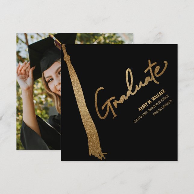 Custom Photo Black Gold Tassel Unique Graduation Thank You Card (Front/Back)