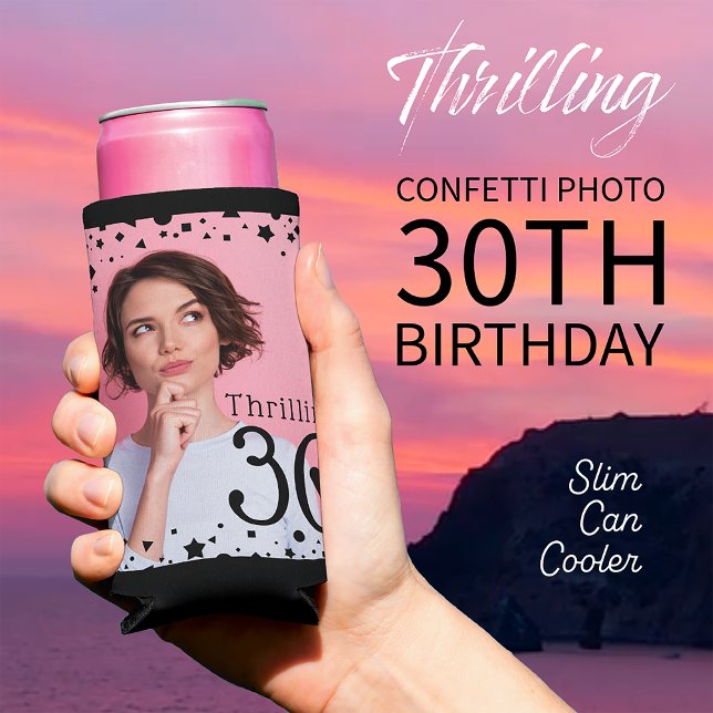Custom Photo Black Pink Confetti 30th Birthday Seltzer Can Cooler (Creator Uploaded)
