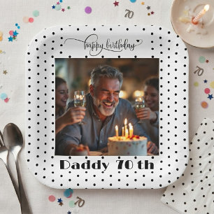 Custom Photo Black Polka Dot Daddy 70th Birthday Paper Plate