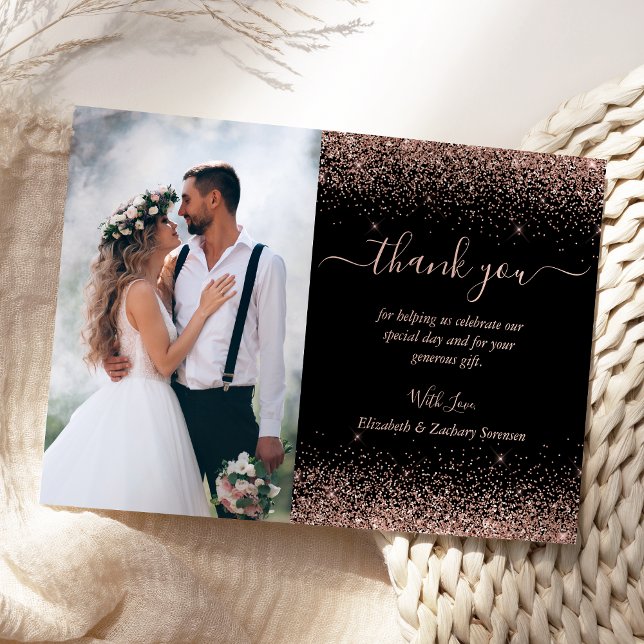 Custom Photo Black Rose Gold Glitter Wedding Thank You Card (Creator Uploaded)