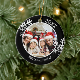 Custom Photo Black Snowflake Circle Ornament