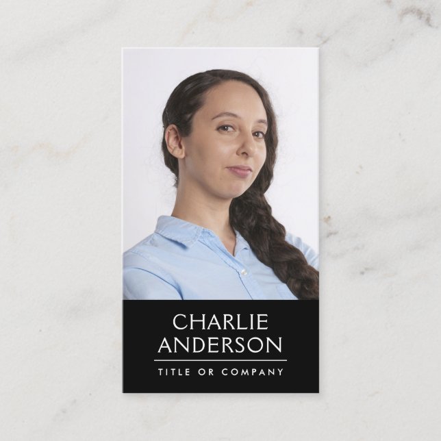 Custom photo black vertical modern minimalist business card (Front)