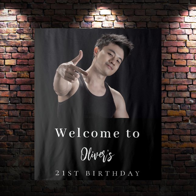 Custom photo black white birthday welcome tapestry (Creator Uploaded)