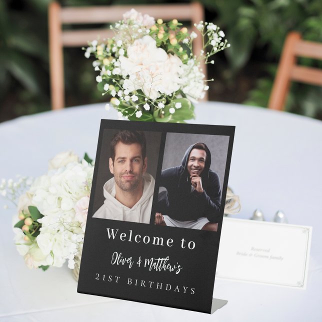Custom photo black white friends birthday welcome pedestal sign (Creator Uploaded)