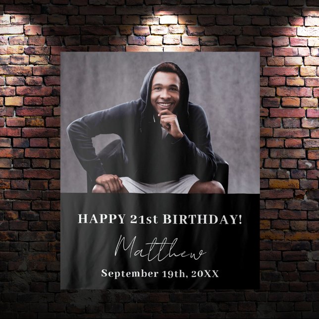 Custom photo black white modern guy birthday tapestry (Creator Uploaded)