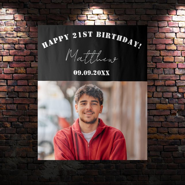 Custom photo black white modern guy birthday tapestry (Creator Uploaded)