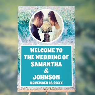 Custom Photo Blue Beach Wedding Welcome Acrylic Sign