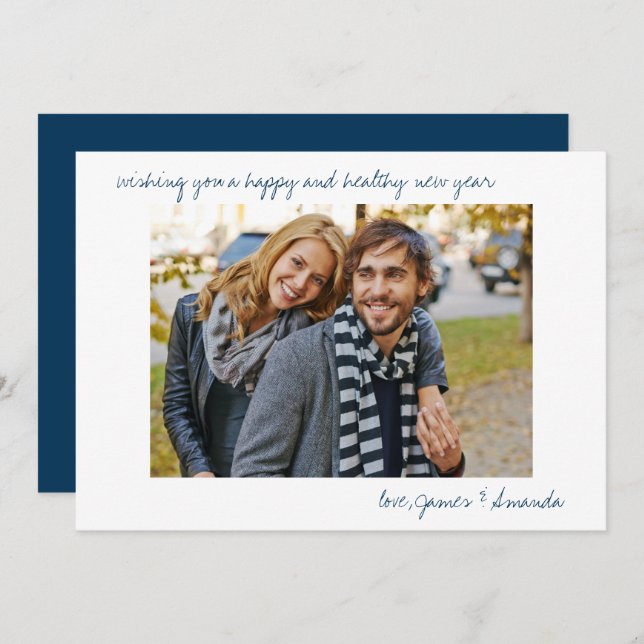 Custom Photo Blue Casual Script Minimal New Year Holiday Card (Front/Back)
