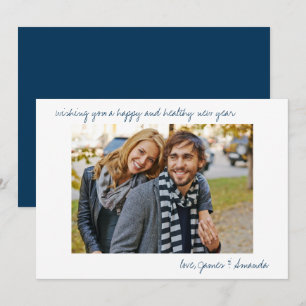 Custom Photo Blue Casual Script Minimal New Year Holiday Card