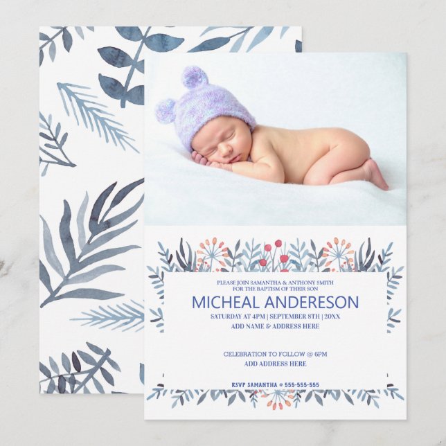 Custom Photo Blue Floral Baptism Invitation (Front/Back)