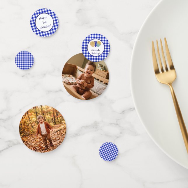 Custom Photo Blue Gingham Balloons Birthday Confetti (Group)