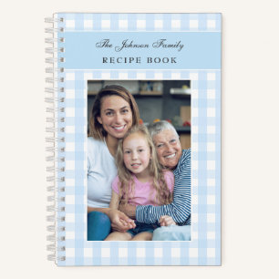 Custom Photo Blue Gingham Family Recipe Book