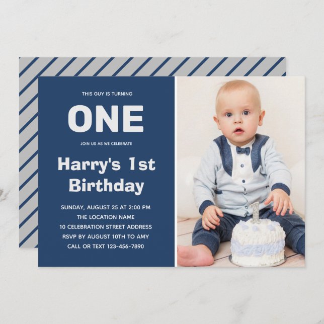 Custom Photo Blue Grey | Boy 1st Birthday Invitation (Front/Back)