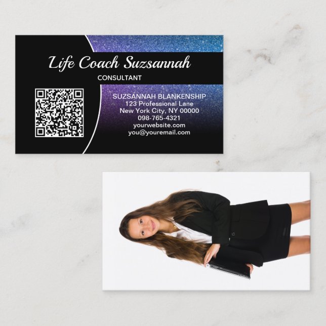 Custom Photo Blue Purple Glitter QR Professional Business Card (Front/Back)