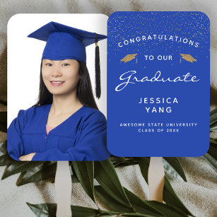 Custom Photo Blue White Gold Graduation Hand Fan