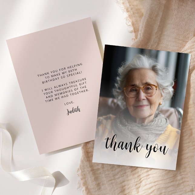 Custom Photo Blush Pink 80th Birthday Party Thank You Card (Creator Uploaded)