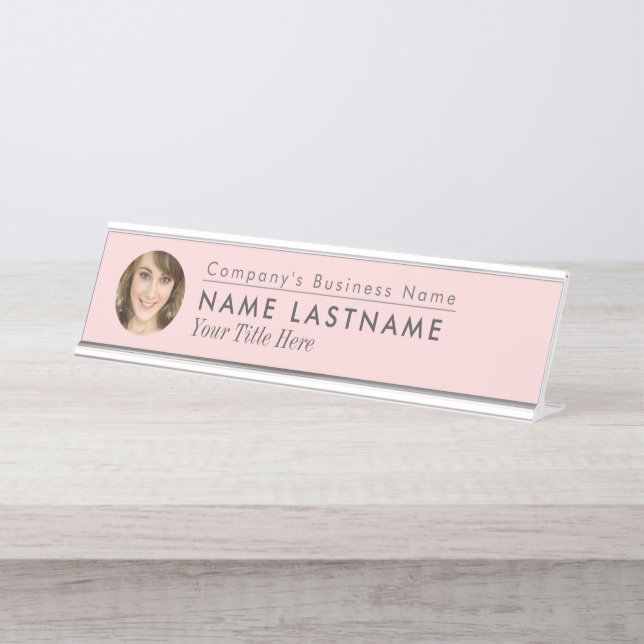 Custom Photo Blush Pink Business Elegant Modern Desk Name Plate (Front)