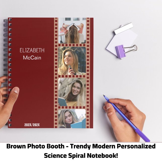 Custom Photo Booth Personalised Science Notebook (Brown Photo Booth - Trendy Modern Personalized Science Spiral Notebook!)