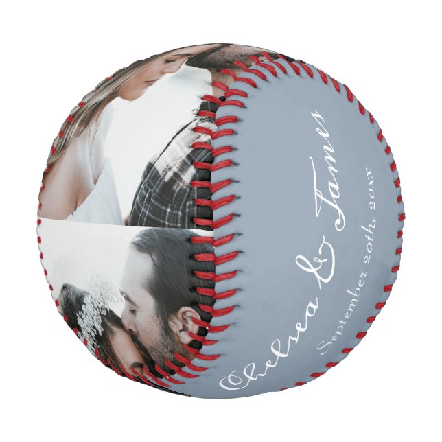 Custom Photo Bride & Groom Script Name Dusty Blue  Baseball (Angled)