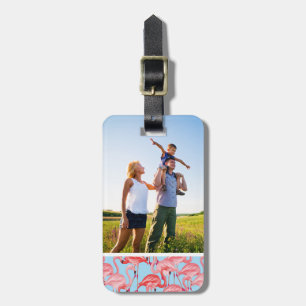Custom Photo Bright Pink Flamingos On Blue Luggage Tag