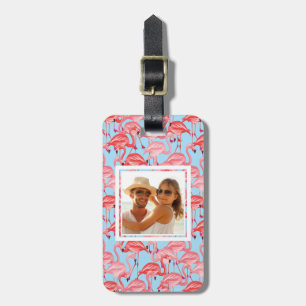 Custom Photo Bright Pink Flamingos On Blue Luggage Tag