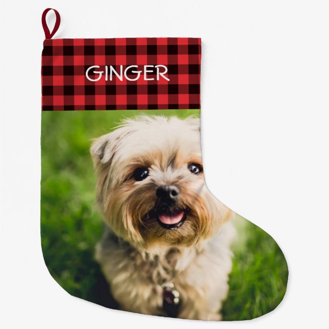 Custom Photo Buffalo Plaid Personalised Large Christmas Stocking (Front)
