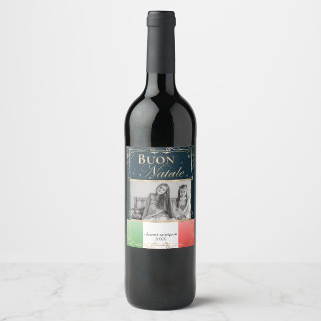 Custom Photo Buon Natale Italian Flag Christmas Wine Label (Front)