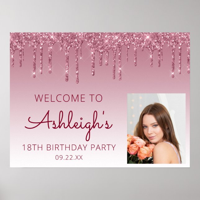 Custom Photo Burgundy 18th Birthday Welcome Poster (Front)