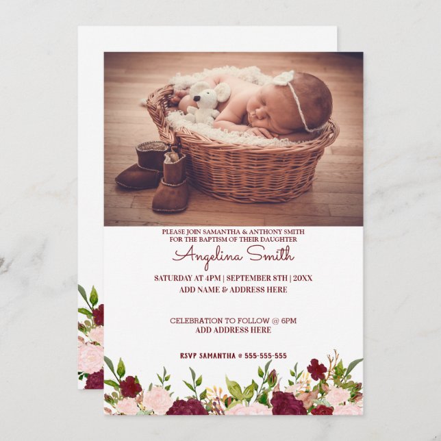 Custom Photo Burgundy Floral Baptism Invitation (Front/Back)