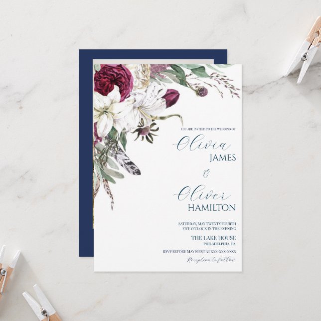 Custom photo burgundy navy QR code wedding Invitation (Front/Back In Situ)