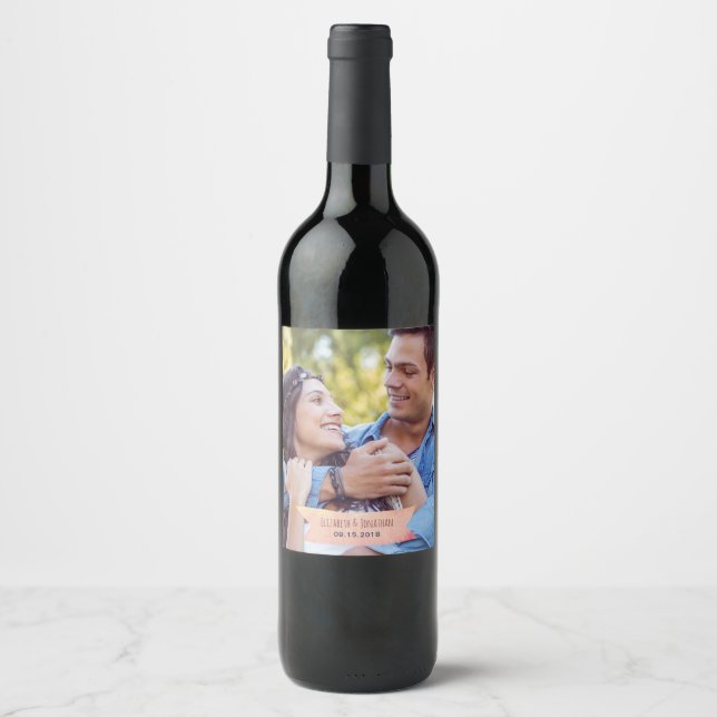 Custom Photo Burgundy Rose Gold Floral Wedding Wine Label (Front)