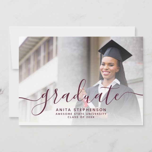 Custom Photo Burgundy Script Graduation Party Invitation (Front)