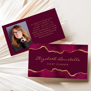 Custom Photo Burgundy Watercolor Gold Foil Luxury Business Card