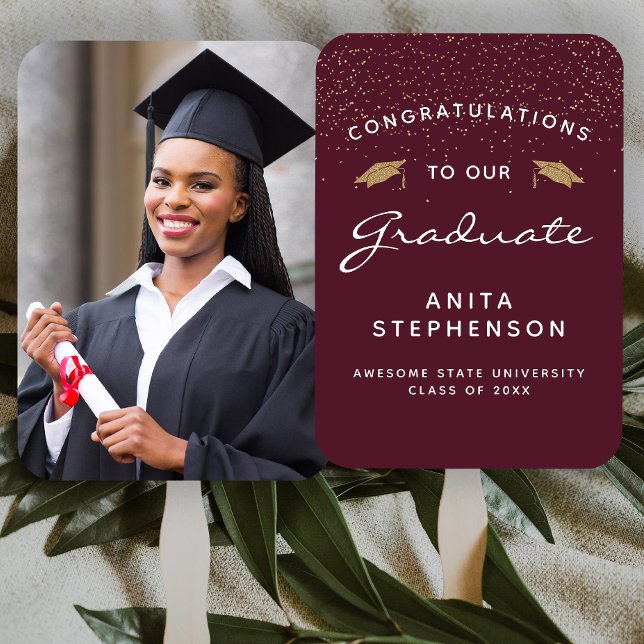 Custom Photo Burgundy White Gold Graduation Hand Fan (Creator Uploaded)