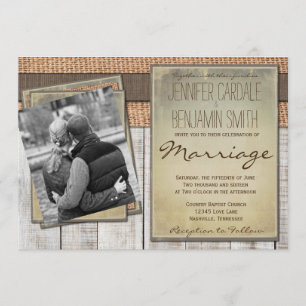 Custom Photo Burlap Barn Wood Wedding Invitations