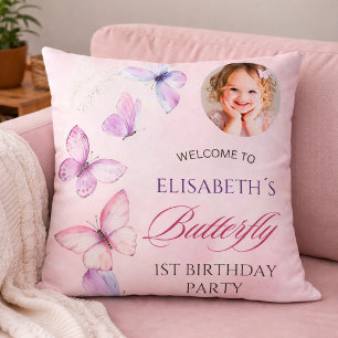 Custom Photo Butterfly 1st Birthday Cushion
