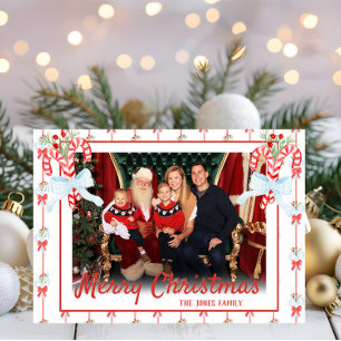 Custom Photo, Candy Cane Watercolor  Holiday Card